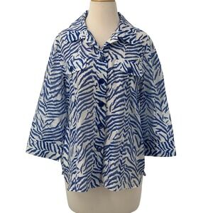 Drapers & Damons Womens 3/4 Sleeve Button Down Top Blue/White Zebra Print Size M